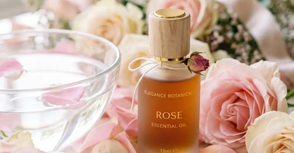 Kleine Flasche Rosenöl aus mattem Glas mit Holzverschluss zwischen rosa Rosenblüten und Blütenblättern auf heller Marmorfläche