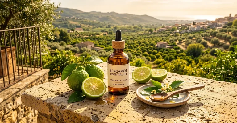 Braunglasflasche mit ätherischem Bergamotteöl und frischen Limetten auf einer Steinmauer vor einer sonnigen Hügellandschaft