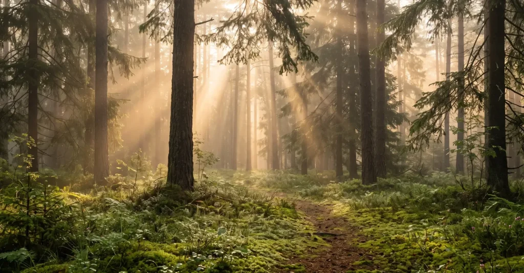 Sonnenstrahlen fallen durch einen nebligen Wald auf einen schmalen Waldweg