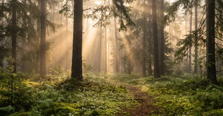 Sonnenstrahlen fallen durch einen nebligen Wald auf einen schmalen Waldweg