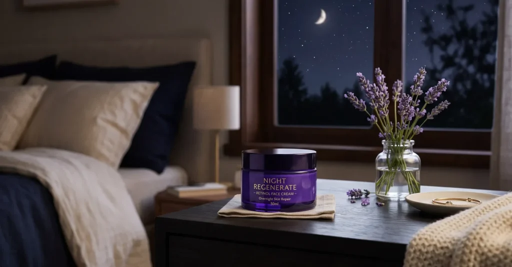 Dunkler Cremetiegel auf einem Nachttisch neben einem Lavendelstrauß, im Hintergrund ein Bett und ein Fenster mit Mondlicht