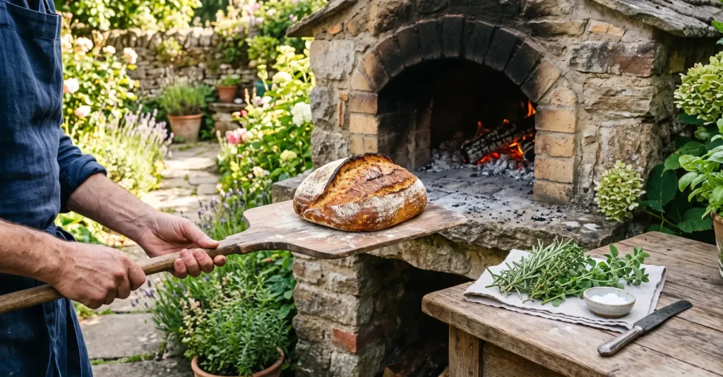 Frisch gebackenes Sauerteigbrot wird aus dem Holzofen geholt