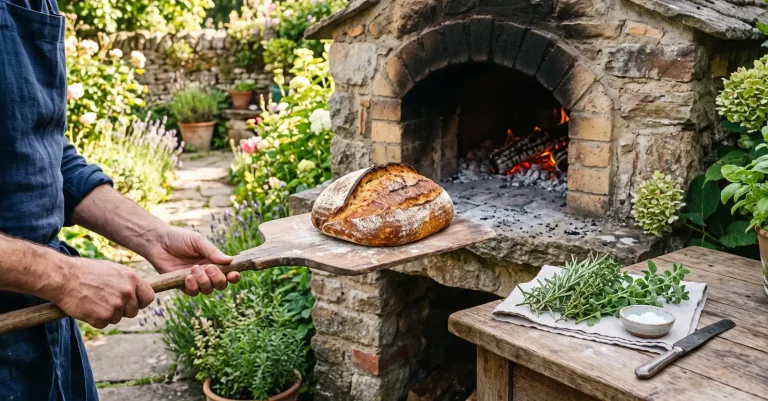 Frisch gebackenes Sauerteigbrot wird aus dem Holzofen geholt