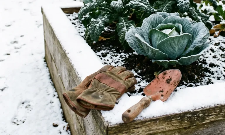 Verschneites Hochbeet mit Grünkohl in einem Wintergarten