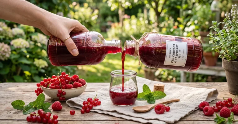 Dunkelroter Beerensaft wird aus einer Flasche in ein Glas gegossen, daneben frische Johannisbeeren und Himbeeren