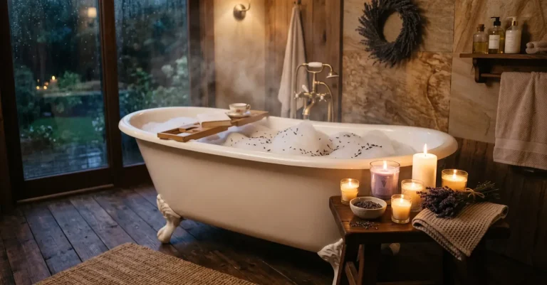 Freistehende Badewanne mit Schaum, daneben brennende Kerzen in ruhiger Atmosphäre