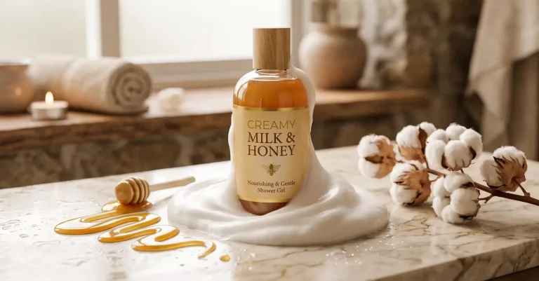 Flasche mit Milch-und-Honig-Pflege neben Baumwollzweigen und einem Honiglöffel
