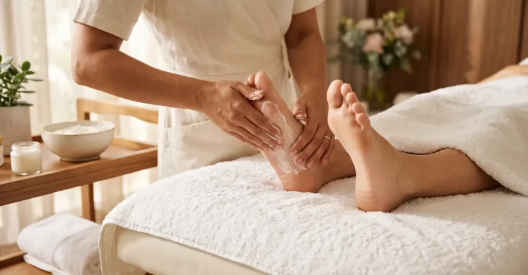 Fußmassage mit Pflegecreme in einem Spa