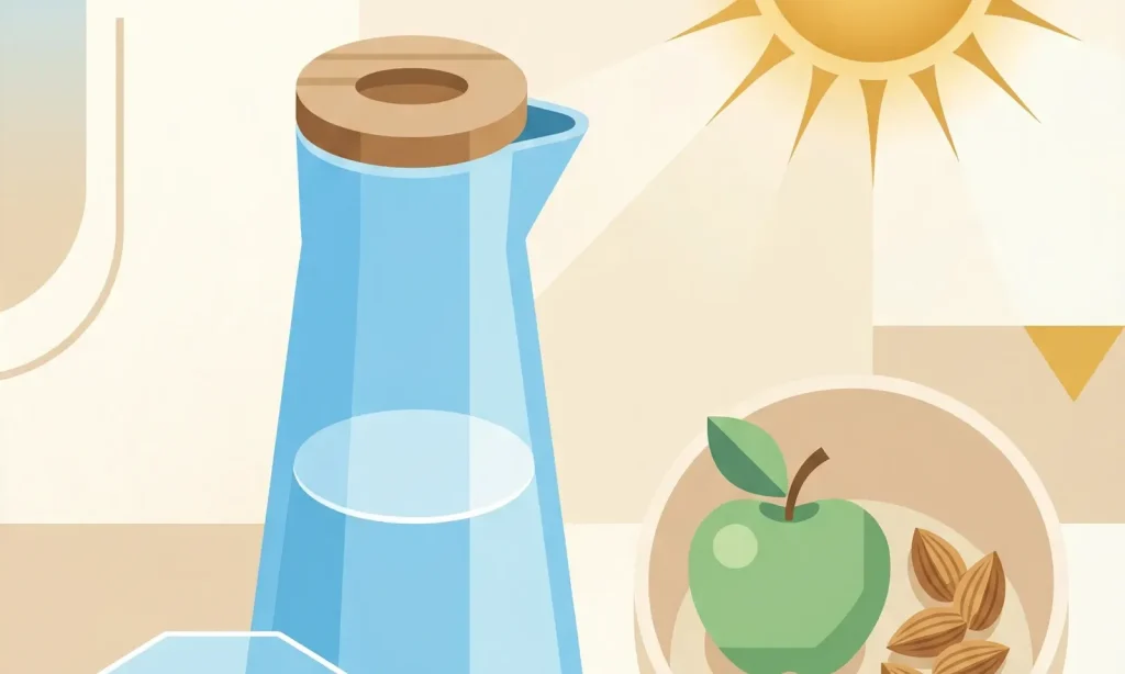 Illustration einer Wasserkaraffe mit gefülltem Wasserglas, daneben ein Apfel und eine Handvoll Mandeln