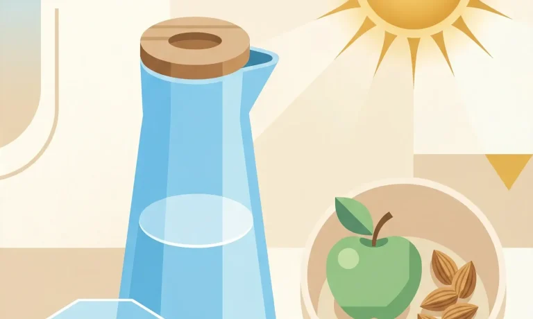 Illustration einer Wasserkaraffe mit gefülltem Wasserglas, daneben ein Apfel und eine Handvoll Mandeln
