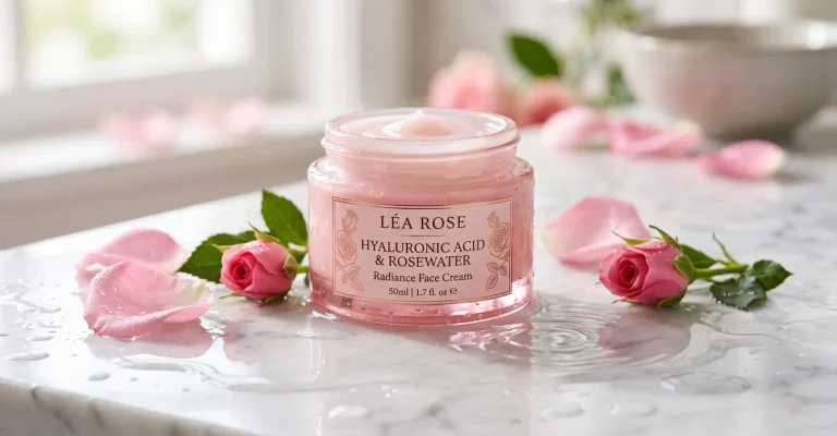 Rosafarbener Glastiegel mit Gesichtspflege, umgeben von Rosenblüten und Rosenblättern auf einer hellen Marmorfläche