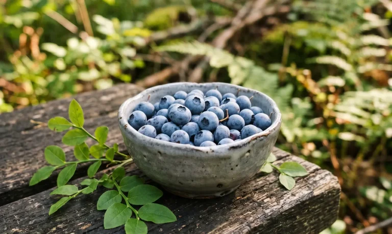 Schale mit frischen Heidelbeeren auf einer Holzbank im Garten