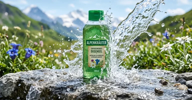 Grüne Flasche mit Alpenkräuter-Haarpflege und Wasserspritzern vor einer blühenden Bergwiese