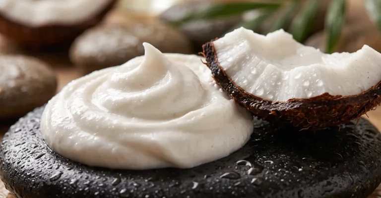 Cremige weiße Pflegecreme auf einem dunklen Stein neben einer aufgebrochenen Kokosnuss