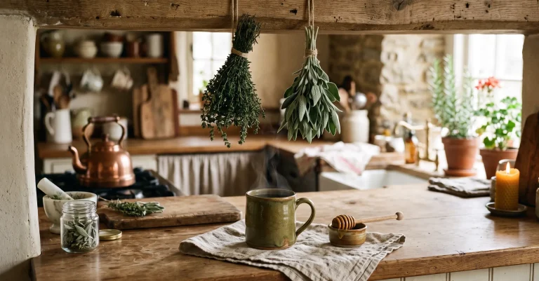 Gebündelter Thymian und Salbei über einer Landhausküche mit Teetasse und Honig
