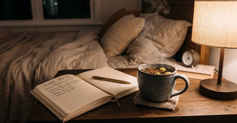Abendstimmung am Nachttisch mit einer Tasse Kräutertee, Notizbuch und Leselampe