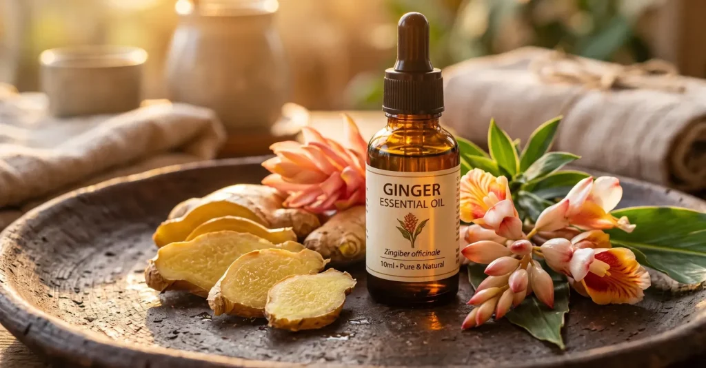 Frische Ingwerwurzel mit Ingwerscheiben neben einer Tropfflasche und kleinen Blüten
