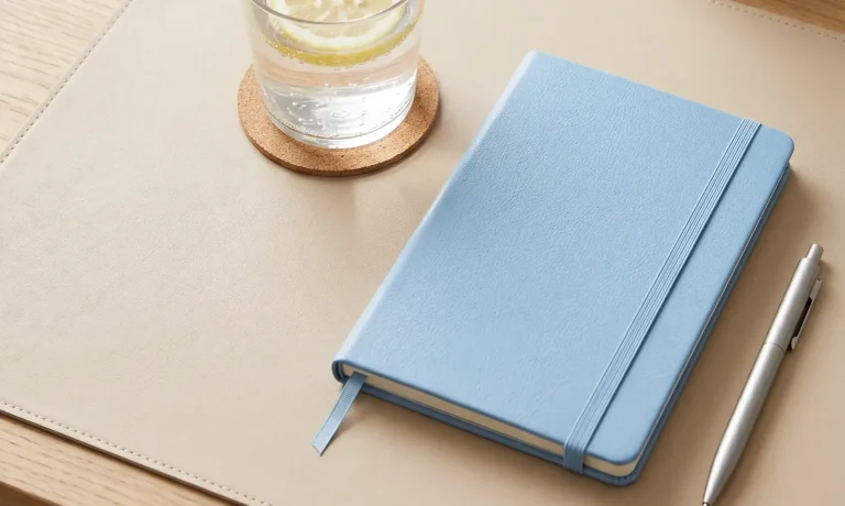 Heller Schreibtisch mit einem Glas Zitronenwasser, einem aufgeschlagenen Notizbuch und frischen Blumen