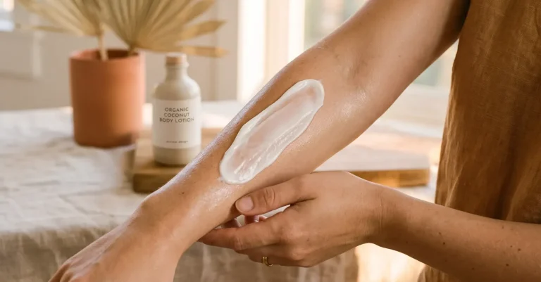 Frau cremt ihren Unterarm mit einer Lotion ein