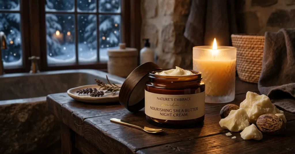 Geöffneter Tiegel mit Sheabutter-Pflege auf einem Holztisch neben einer brennenden Kerze, im Hintergrund ein winterliches Fenster