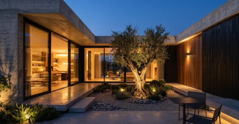 Modernes Wohnhaus mit großen Glasfronten und begrüntem Innenhof in der Abenddämmerung