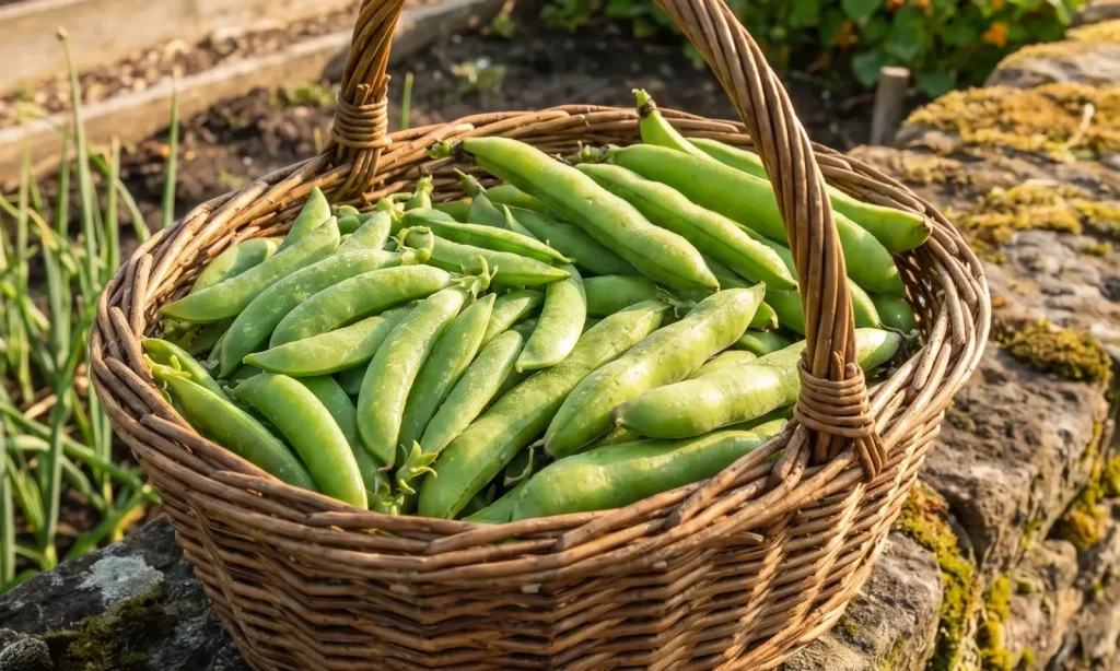 Korb mit frisch geernteten grünen Bohnen im Gemüsegarten