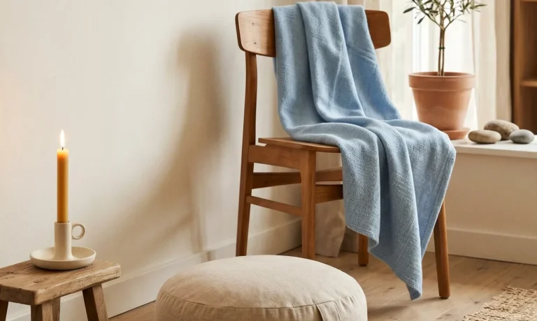 Ruhige Meditationsecke mit Sitzkissen, Holzstuhl, Kerze und Pflanze