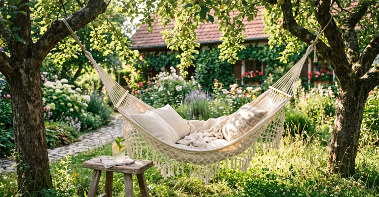 Hängematte im sommerlichen Garten, beschattet von Obstbäumen