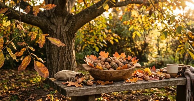 Walnüsse in einer Holzschale auf einem Gartentisch unter einem herbstlich gefärbten Baum