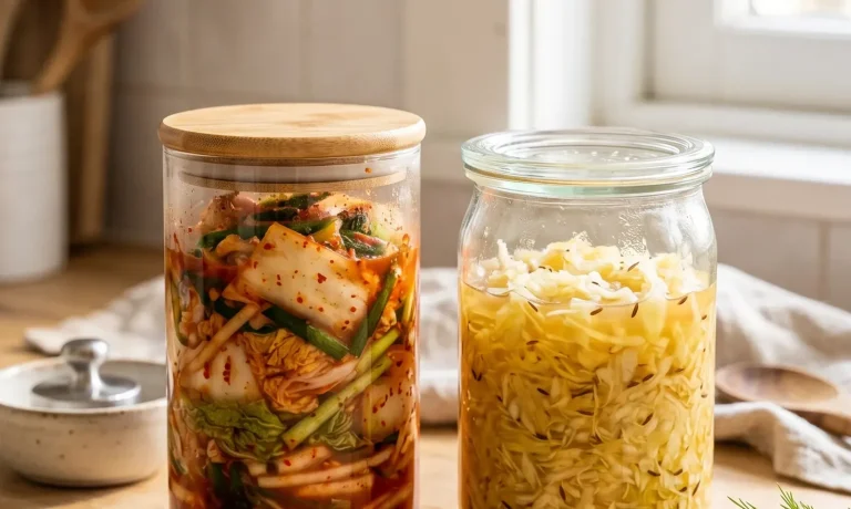Gläser mit fermentiertem Kimchi und Sauerkraut auf der Arbeitsfläche einer hellen Küche