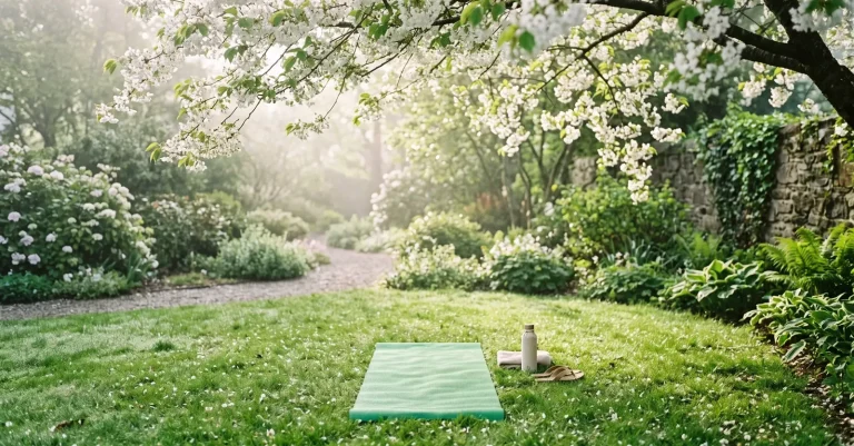 Eine ausgerollte Yogamatte liegt auf dem Rasen in einem blühenden Frühlingsgarten