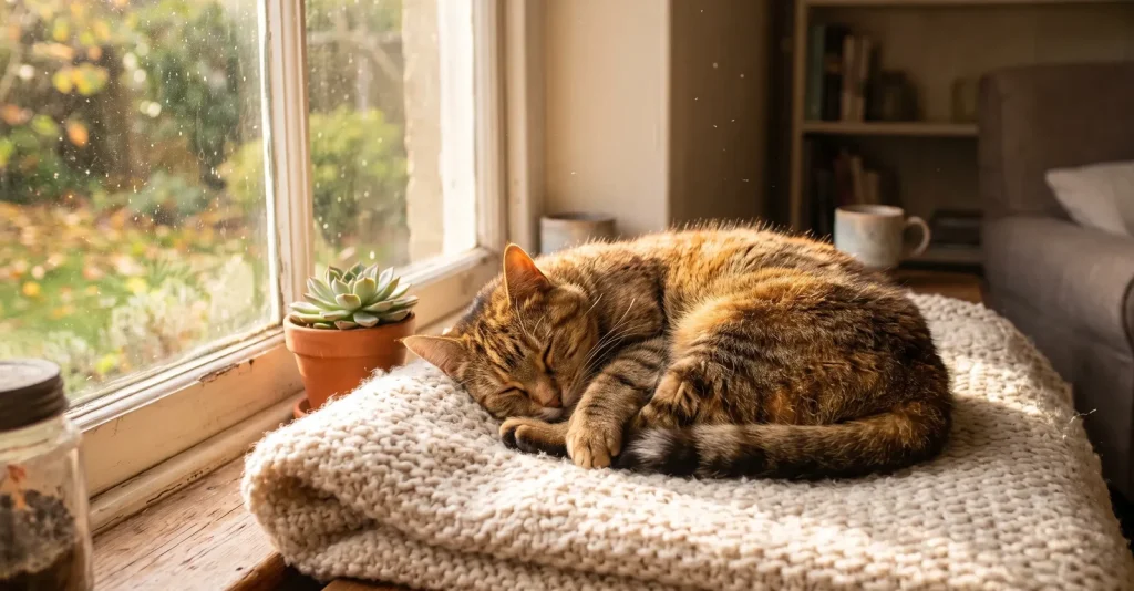 Getigerte Katze schläft zusammengerollt auf einer Wolldecke an einem sonnigen Fenster