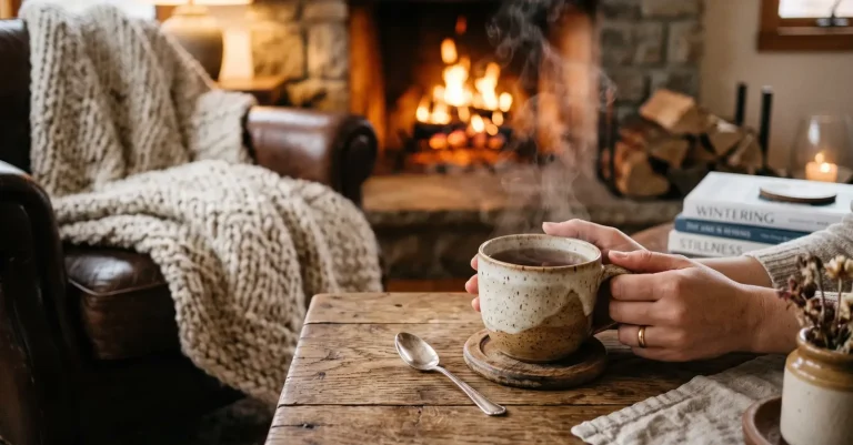 Hände halten eine Teetasse vor einem Kaminfeuer, daneben liegt eine Wolldecke