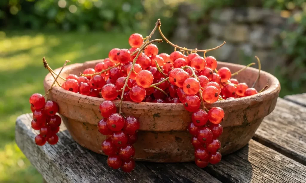 Schale mit roten Johannisbeeren auf einem Gartentisch