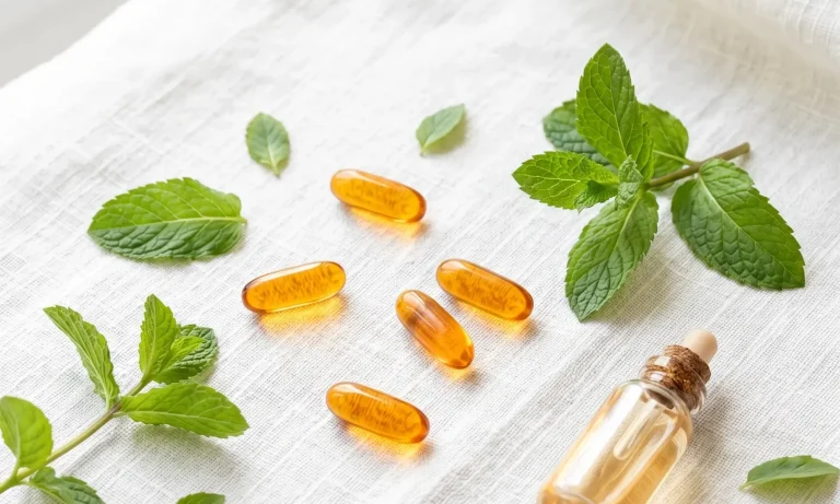 Goldgelbe Vitamin-Kapseln und eine kleine Glasflasche zwischen frischen Minzblättern