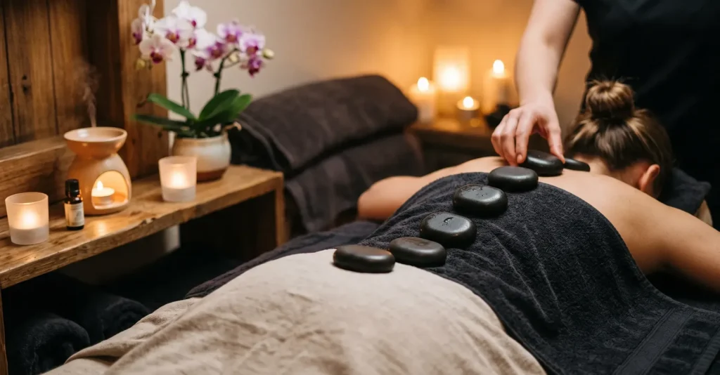 Warme, glatte Steine liegen bei einer Hot-Stone-Massage im Kerzenlicht auf einem entspannten Rücken