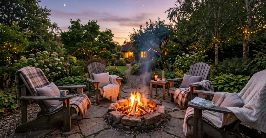 Gartenplatz in der Dämmerung mit brennender Feuerschale, Sesseln und dicken Wolldecken