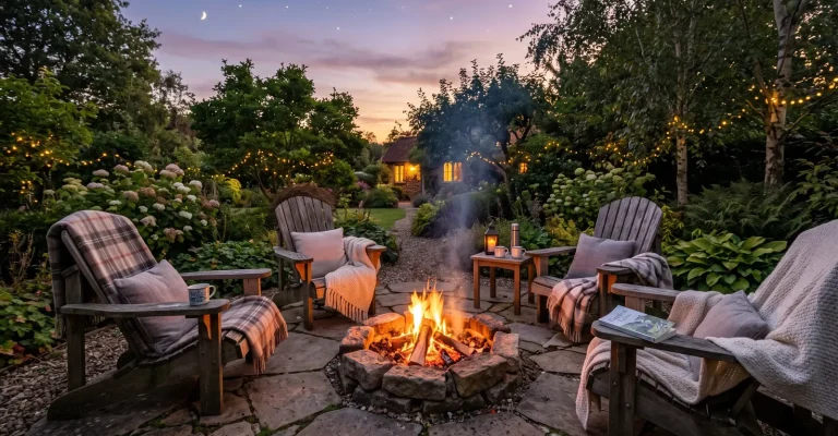 Gartenplatz in der Dämmerung mit brennender Feuerschale, Sesseln und dicken Wolldecken