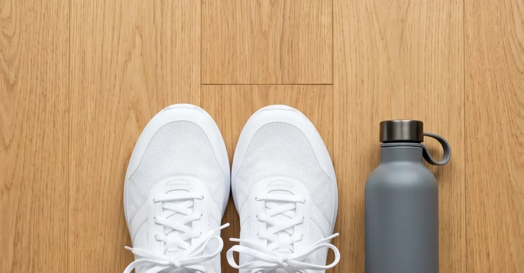 Weiße Sneaker und eine graue Edelstahl-Trinkflasche auf einem hellen Holzboden