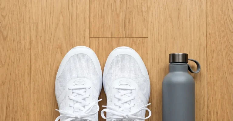 Weiße Sneaker und eine graue Edelstahl-Trinkflasche auf einem hellen Holzboden