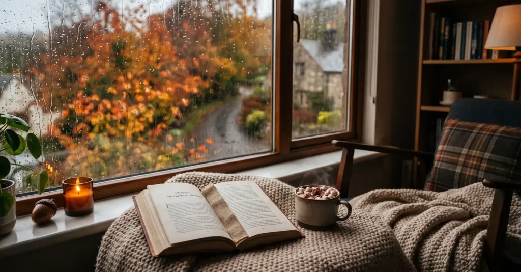 Gemütliche Leseecke am Fenster mit Blick auf herbstliche Bäume, aufgeschlagenem Buch und brennender Kerze