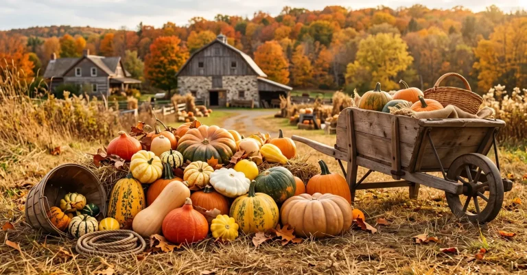 Frisch geerntete Kürbisse liegen an einem Herbsttag vor einer alten Scheune