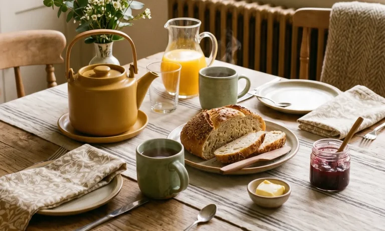 Gedeckter Frühstückstisch mit Brot, Marmelade, Butter, Orangensaft und Teekanne