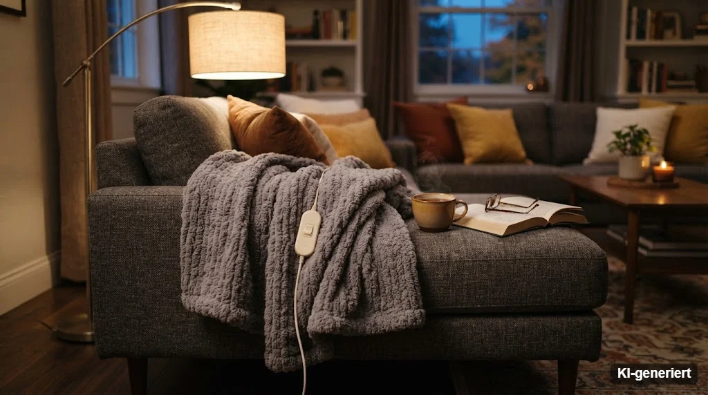 Graue Kuscheldecke mit Kabelschalter auf einem Sofa im Wohnzimmer