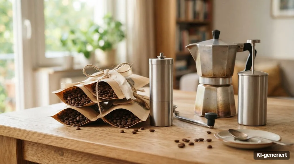 Kaffeebohnen, Handmühle, Espressokocher und Milchaufschäumer als Geschenke auf einem Holztisch