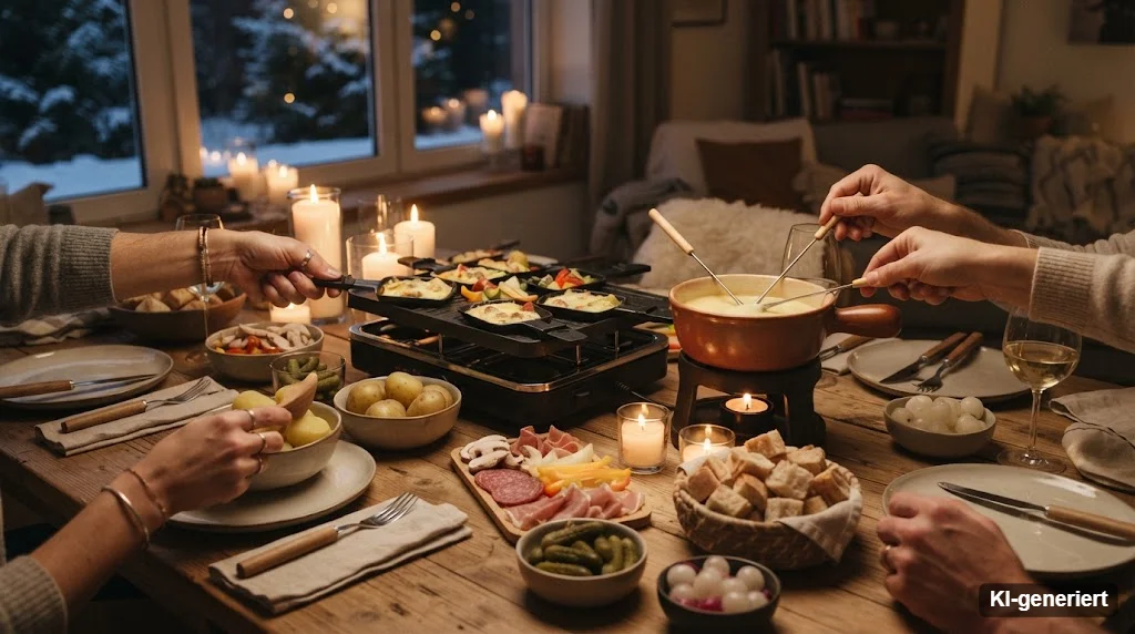 Raclette-Grill und Fondue-Topf auf einem gedeckten Tisch bei Kerzenlicht